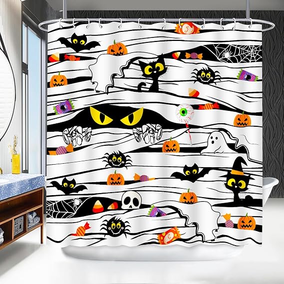 Lutto Halloween Shower Curtain for Bathroom, Cute Ghost Shower Curtain with Hooks for Halloween Bathroom Decor, 72 X 72 Inch