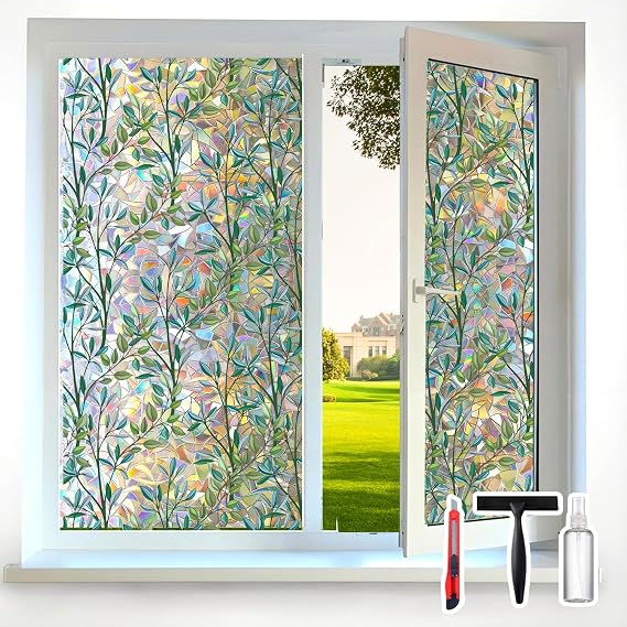 Rainbow Leaf Window Privacy Film with Reference Cutting Line, 3D Decals Stained Glass Clings, Static Cling Sticker, Suncatcher Cover, 17.5" by 78"