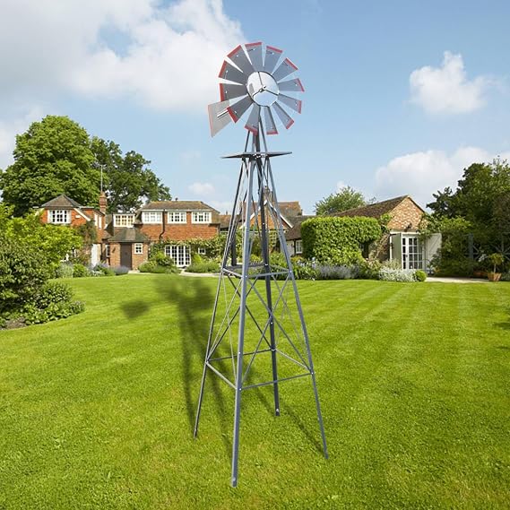8FT Ornamental Windmill, Heavy Duty Durable Metal Weather Vane for Backyard, Windmill for Yard Weather Resistant, Wind Spinner Outdoor for Garden Yard Farm Seaside (Gray & Red)
