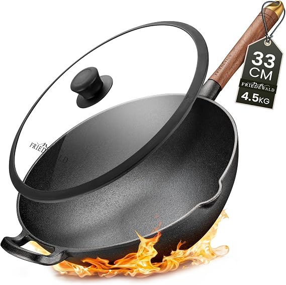 Friedewald® Cast Iron Wok with Lid - Suitable for Induction Cookers - 33 cm 5 L / for 4-6 People - All Hobs - Solid Large Grill & Frying Pan - Non-Stick Coating - High Edge - Sauté Pan