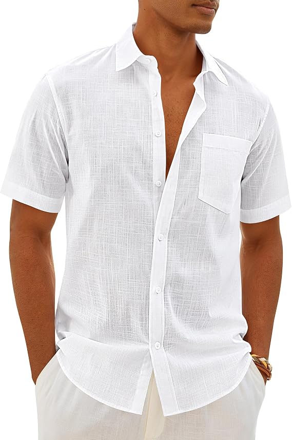 Mens Linen Textured Shirt Cotton Short Sleeve Summer Button Down Shirts | 100% Cotton, Linen-look Texture, Casual Wear, Breathable Feel, Lightweight, Untucked, Regular Fit, Beach, Vacation, Resort