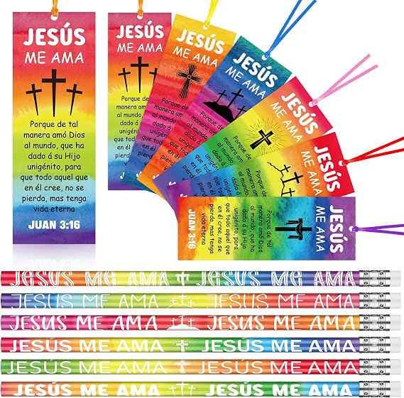 Resurhang 60 Pcs Spanish Jesus Loves Me Gifts Include 30 Jesus Me AMA Pencils 30 Christian Halloween Treats Bookmarks Juan 3:16 Religious Pencil for Church Christian Trunk or Treat Ideas