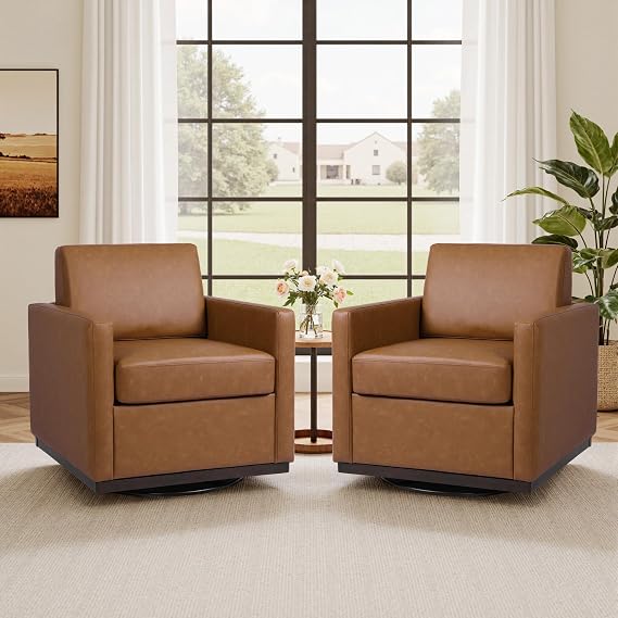 Faux Leather Swivel Accent Chairs Set of 2, Modern Swivel Barrel Chair for Living Room, Upholstered Armchair Comfy Club Chair for Bedroom, Small Space, Brown
