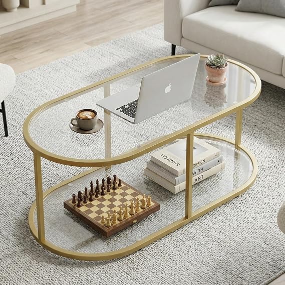 Wolawu Coffee Table Gold Glass Coffee Table for Living Room,2 Tiers Oval Center Table with Sturdy Metal Frame,Modern Tempered Glass Accent Table for Bedroom Home Office