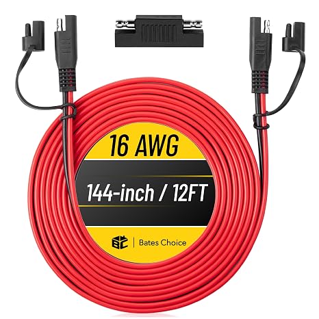 Bates- SAE to SAE Extension Cable, 12 FT, 16 AWG, SAE 2-Pin Quick Connect Disconnect with Polarity Reverse Adapter, Solar Panel Extension Cable for Battery Chargers, Maintainers & Motorcycles
