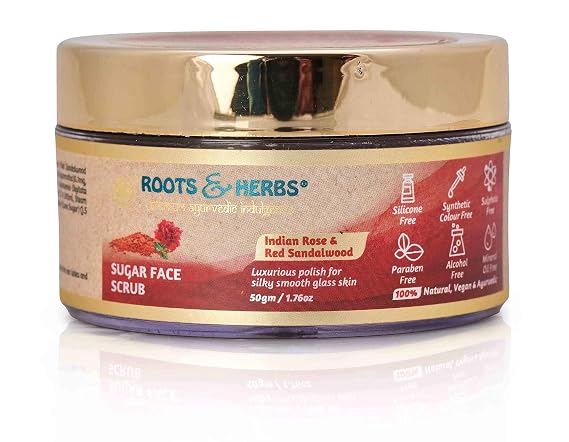 ROOTS AND HERBS Face Scrub Indian Rose & Red Sandalwood Sugar Scrub - Facial Skin Exfoliator to stimulate Collagen - Exfoliating Body Scrub for Women & Men Organic Facial Cleanser Face Scrubs Products