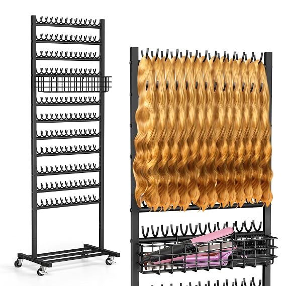 2-Sided Braiding Hair Rack with Wheels, Standing Hair Extension Holder with Salon Tray, Braiding Rack Stand for Hair, 286 Pegs Hair Racks for Braiders Standing, Hair Stand for Braiding Hair