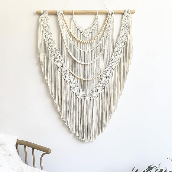 guzhiou Large Macrame Wall Hanging, 27'' W x 36'' L Boho Art Tapestry Wall Decor for Urban entryway,Living Room,Bedroom Decor, headboard Woven, Big Fiber Art Over Couch (Wood Bead)