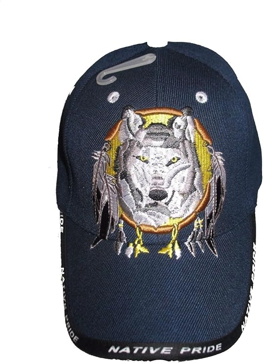 Native American Pride Wolf in Dream Catcher Navy Blue Embroidered Baseball Ball Cap Hat