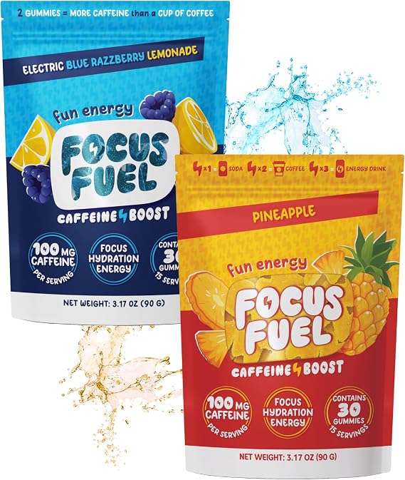 FocusFuel Energy Chews Variety Pack Pineapple & Blue Razzberry Lemonade (2-Pack, 30 Servings Total) 100mg Natural Caffeine + Nootropics Bold, Tropical Energy