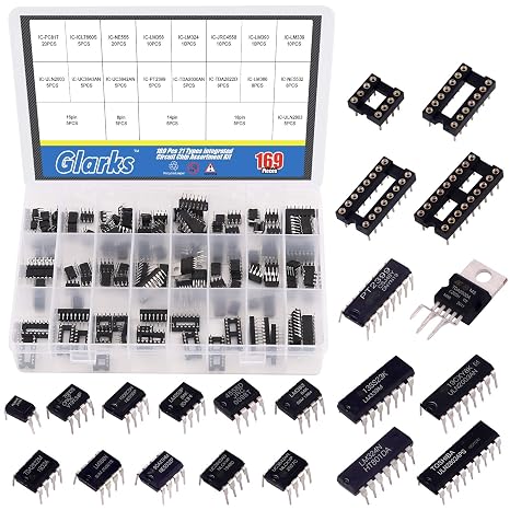 Glarks 169ピース ICチップ詰め合わせオペンプ、オシレーター、pwm、PC817、NE555、LM358、LM324、JRC4558、LM393、LM339、NE5532、LM386、TDA2030、TDA2822、PT2399、UC3842、UC339。 UL843、UL。 N2003 ULN2803