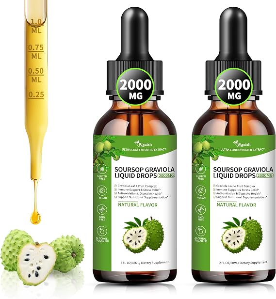 (2 Pack)Soursop Graviola Liquid Drops 2000mg, 98% Absorption Soursop Bitters Liquid for Cell Support & Regeneration, Immune Boost, Liver, Herbal Goodness, Sugar/Gluten Free, Natural Flavor, 4 Fl Oz