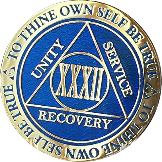32 Year Reflex Blue Gold Plated AA Medallion Alcoholics Anonymous Chip II