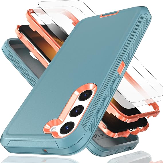 for Galaxy S23+ Case with Soft TPU Film Screen Protector[2 Pack],3 in 1 Shockproof TPU Hard PC Bumper Drop-Proof Shell for Samsung Galaxy S23 Plus Lake Blue/Orange