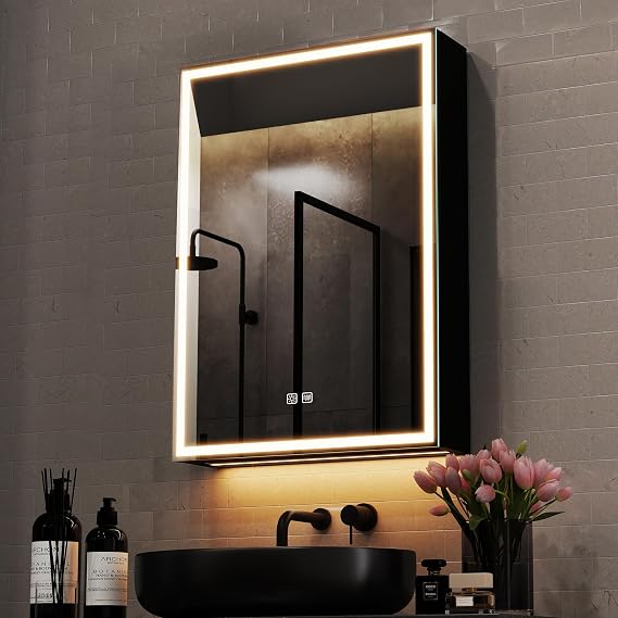 STARLEAD Illuminated-Bathroom-Mirror-Cabinets-with-Lights 500x700mm, Matte Black Aluminium Wall-Mounted-Storage with Adjustable Shelves, 3 Colour Dimmable, Anti-Fog & Shaver Socket, IP44 Waterproof
