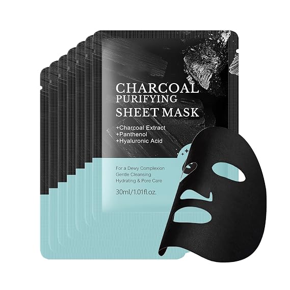 7 Pack Charcoal Purifying Sheet Mask, Deep Purifying Black O2 Bubble Mask, Pore Purifying, Boosting Moisture, Rejuvenating Clarity Collagen Essence Facial Mask with Charcoal Extract