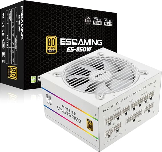 ESGAMING 850W 80 Plus ゴールド ATX ゲーミング電源 フルモジュラー ATX 3.1 & PCIe 5.1 対応 ハイエンドGPU用12V-2x6ケーブル付き - ホワイト