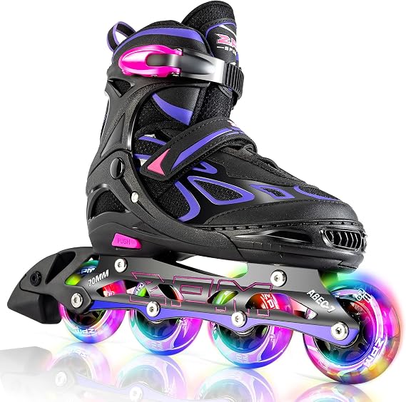 2PM Sports Vinal Girls Adjustable Flashing Inline Skates, All Wheels Light Up, Fun Illuminating Skates for Kids Men Adult Women and Boys