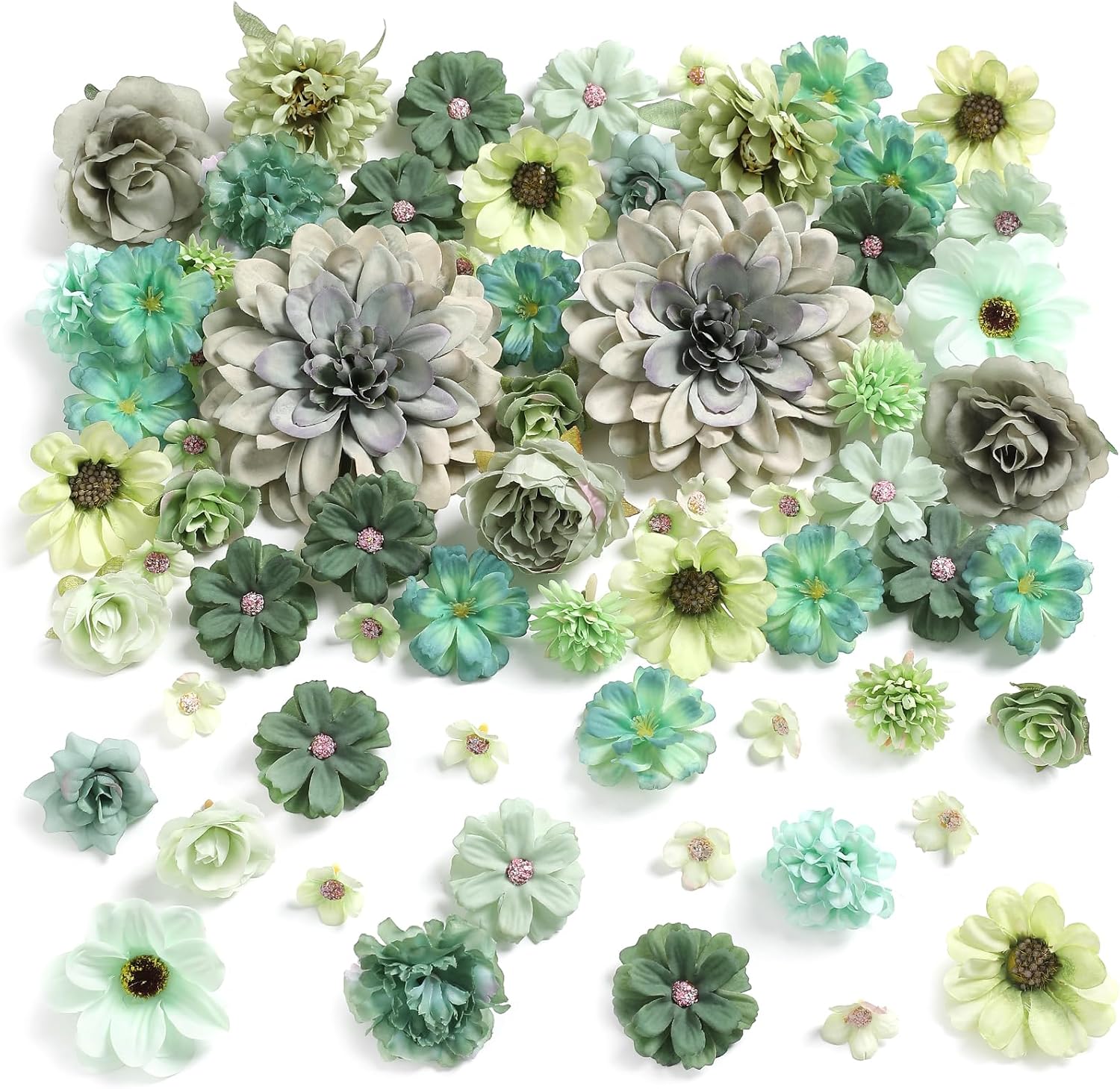 Fake Flower Heads Mini Artificial Flower Forest Green Faux Dahlia Rose Flowers for Crafts Cake Blossom Wreath Bouquets for Wedding Bridal Party Baby Shower Graduation Season Home Decor