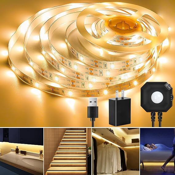 9.84ft Motion Activated LED Strip Lights, Warm White, Non-Waterproof, USB Powered, with Motion Sensor and Automatic Shut-Off Timer | Under Bed Night Light Motion Sensor Bedside Lamp Illumination,Automatic Shut-Off Timer,USB Powered for Bedroom Stairs Kitchen