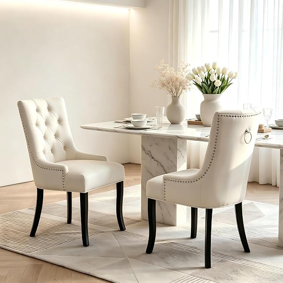 Velvet Dining Chairs Set of 2, Tufted Upholstered Dining Room Chairs with Armrests and Padded Seat, Modern Parsons Side Chairs for Kitchen, Living Room and Bedroom, Cream White