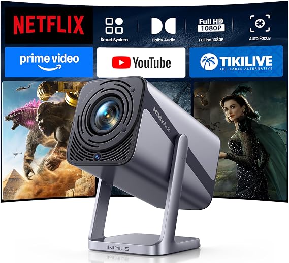 [Built-in Apps & 4K Support & Auto Focus]- Smart Projector with WiFi 6 and 2-Way Bluetooth, Dolby Audio/ Auto Keystone/Zoom,360Adjustable Stand, iWIMIUS Mini Portable Outdoor Proyector w/ HDMI ARC