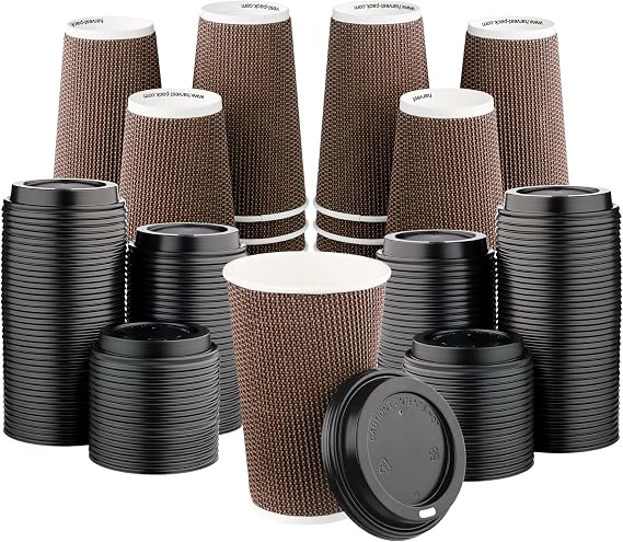 16 oz Disposable Paper Coffee Cups with Lids Insulated Double-Walled Togo | 340 SET,Coffee Bar Accessories,Corrugated Ripple to go Coffee Cups,Brown,Geometric,Chocolate,Hot Drinks,Cafe,Party,Hakoware