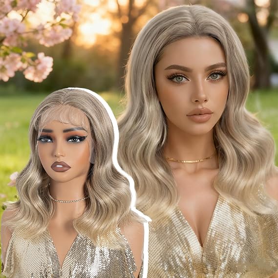 NOBLE Synthetic Lace Front Wig for Women Mix Blonde Wavy Synthetic Wigs with Natural Shoulder Length Hair for Daily Party Use