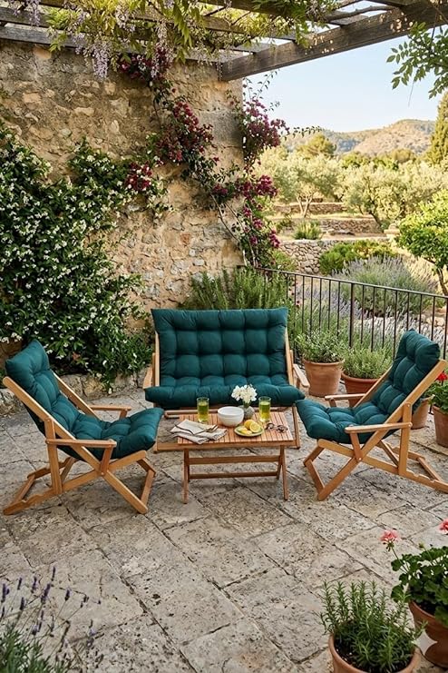 Reyo Ahşap Katlanabilir Şezlong Takımı, 4'lü Set, Gürgen, Yeşil, Puf Minderli, Plaj, Bahçe, Teras, Balkon için