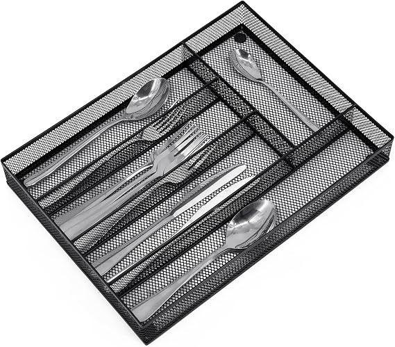 Neudeco Silverware Drawer Organizer, Black | 5 Compartment, Mesh Wire, Non-Slip Feet, Cutlery Tray