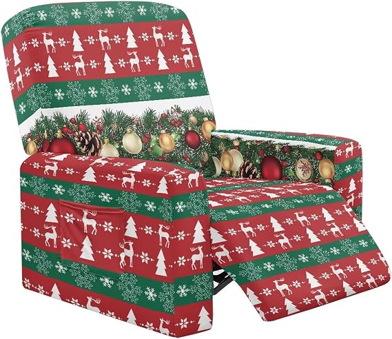 Christmas Bell Green Red Recliner Slipcovers Stretchable Printed Cover for Electric Power Lift Reclining Chair with Storage Pockets Stretch Recliner Couch Slipcovers for Home