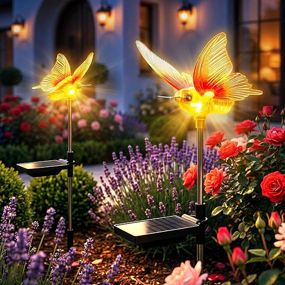 Solar Garden Light 2 Pieces Butterfly Outdoor Lamp: Large Ultra-Bright LEDs, IP67 Oscillating Wings Lighting 20H+, Auto ON/OFF, Decorative for Lawn, Terrace Paths [Energy Class A]