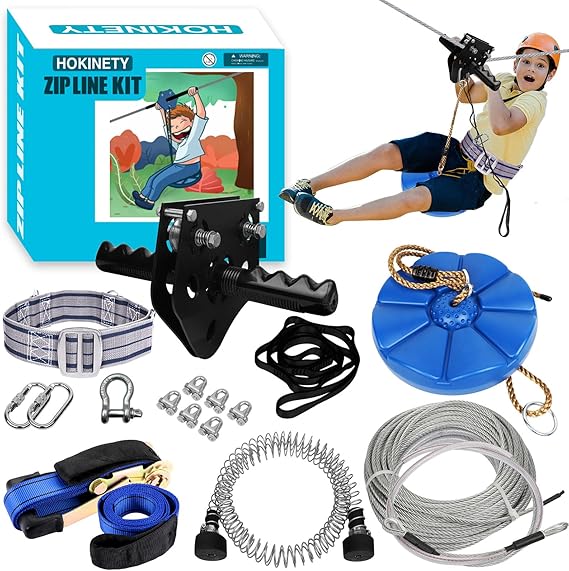 Zip Line Kit for Kids Adults : 100FT / 120FT / 150FT / 200FT Up to 380Lbs - Quick Tighten Zipline for Backyard Outdoor with 100% Rust Proof Removable Trolley Seat Spring Brake