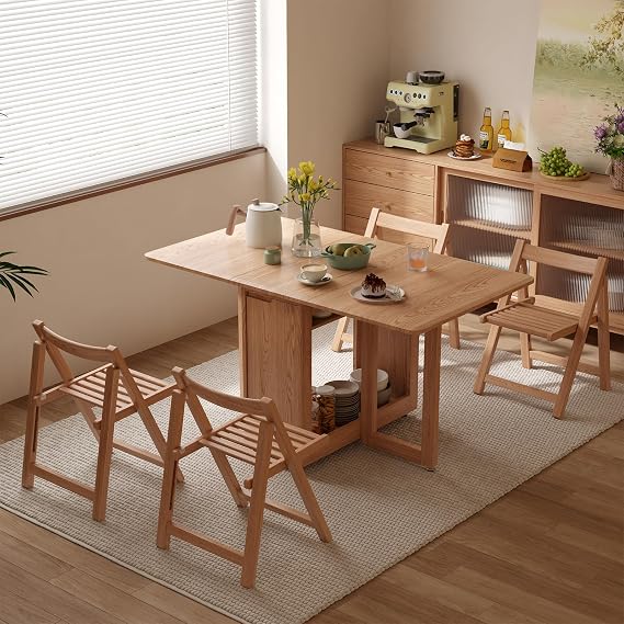 AnywaysWood Folding Dining Table with 4 Foldable Chairs Set, Space Saving Extendable Solid Wood Drop Leaf Table for Kitchen Dining Living Room Small Spaces Easy Assembly (55.12"31.5"30")