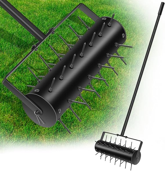 18" Lawn Aerator Tool Manual Lawn Aerators Rolling Lawn Aerator Manual Aeration Tool Soil Aerator Roller with 55" Stainless Steel Handle and Handle Cover for Garden Patio Manual Lawn Aerator Black