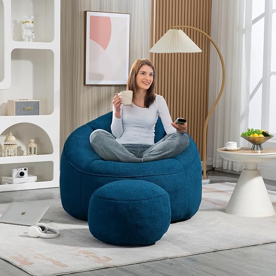 LKTART Bean Bag Sofa with Ottoman for Adults, Bean Bag Sofa Chairs with High-Density Foam Modern Lazy Sofa for Living Room Bedroom College Dorm Blue