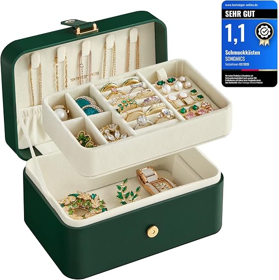 SONGMICS JBC166C01 Travel Jewellery Box Small 2-Tier Jewellery Storage Portable Jewellery Travel Case for Larger Accessories 11 x 16 x 8 cm Gift Idea Forest Green