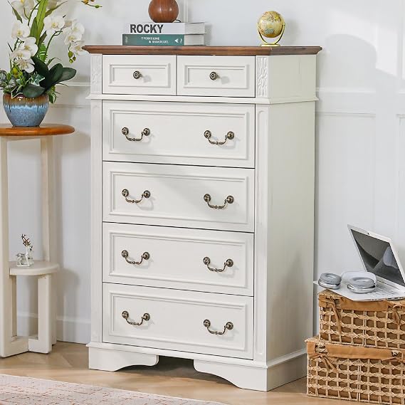 6 Drawer Dresser for Bedroom, 48" Tall Chest for Living Room Closet Hallway | Farmhouse Clothes Storage and Organization Cabinet, Wooden Dresser TV Stand for Living Room Antique White