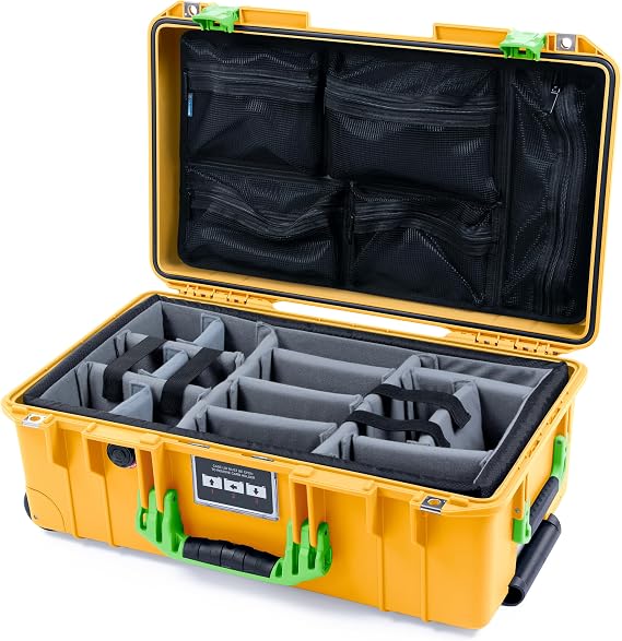 ColorCase Pelican Air 1535 Carry-on Case Yellow - Medium Size Waterproof Case with Gray Padded Microfiber Dividers & Mesh Lid Organizer - Lime Green Handles & Latches
