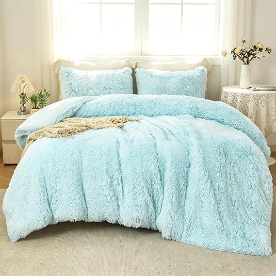 WINLIFE Fluffy Twin Comforter Set for Girls Light Blue Faux Fur Bedding