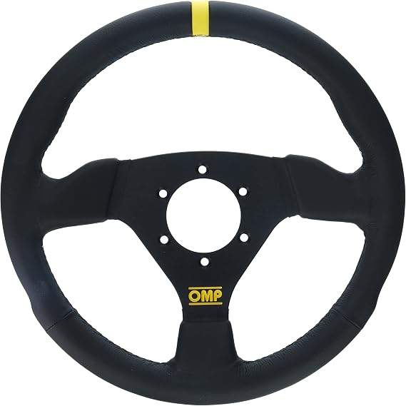 OMP Steering Wheel, Trecento Liscio, 300 mm, Flat, 3-Spoke, Black Leather Grip, Yellow Stripe, Aluminum, Black Anodized, Each