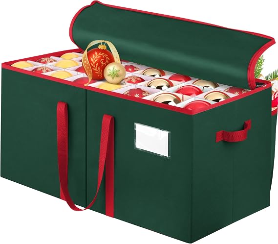 SeasonBliss Christmas Ornament Storage Box, Large Holds 128 Balls, Green