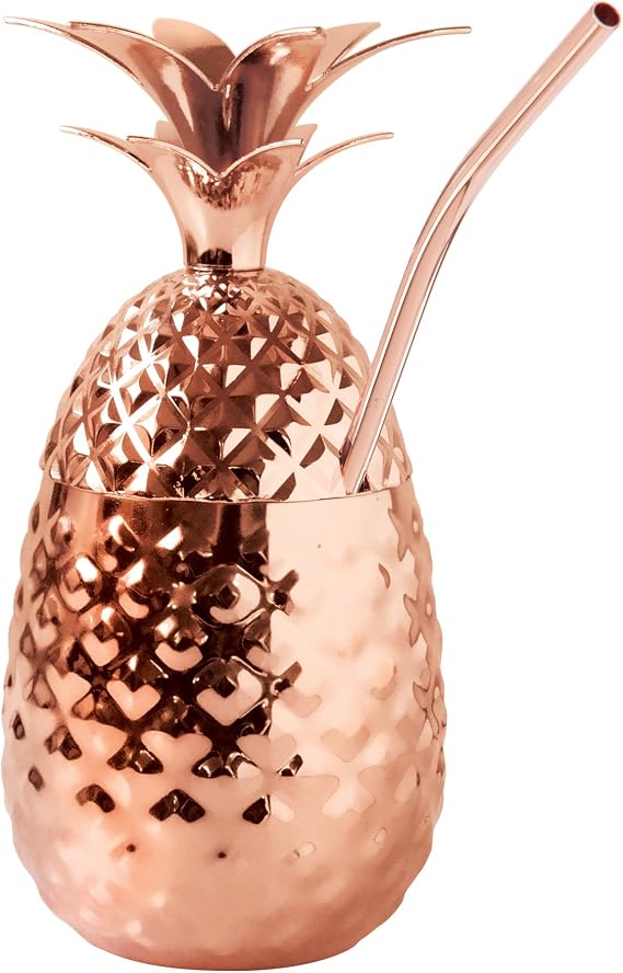 Oggi Stainless Steel Pineapple Cup with Stand & Lid- 12oz Copper Plated Metal Pineapple, Bar Accessories for Summer, Cocktail Cups Make Great Drinking Gifts