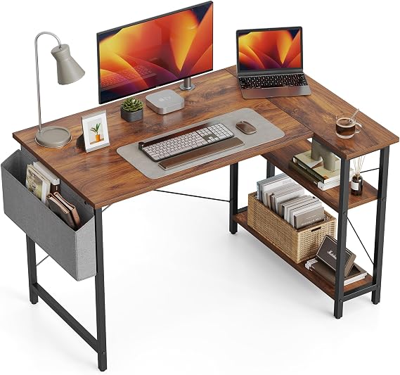 CubiCubi L Shaped Corner Desk, 100x70 cm Computer Desk with Storage Bag, Small Writing Table with Large Reversible Storage Shelves, Workstation for Study Play Work Home Office, Rustic Brown