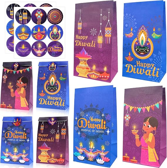 HOWAF 12pcs Happy Diwali Gift Bag with Stickers, Diwali Goodie Candy Bag,