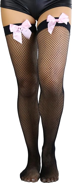 ToBeInStyle Women's Satin Bow Detail Fishnet Thigh Highs