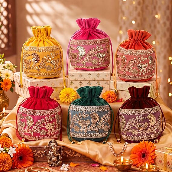 Bulyoou 6 Pcs Indian Pooja Return Gift Potli Bags Velvet Drawstring Bags