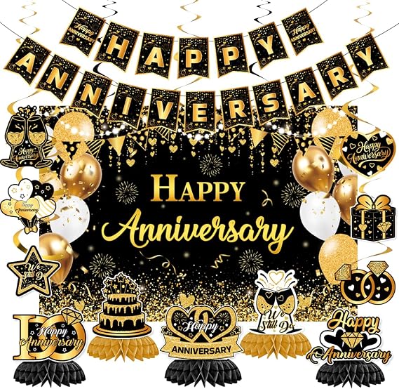 Happy Anniversary Decorations - Black Gold Wedding Party Decorations Kit, Happy Anniversary Banner, Backdrop, Hanging Swirls for Work Decorations (Black Gold)
