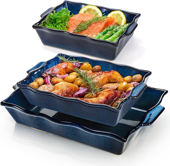 Peohud 3 Pack Casserole Dishes for Oven, Ceramic Baking Dishes with Handles, Heavy Duty Rectangular Lasagna Pan, Porcelain Bakeware Sets for Cooking, Cake Dinner, Kitchen, Blue