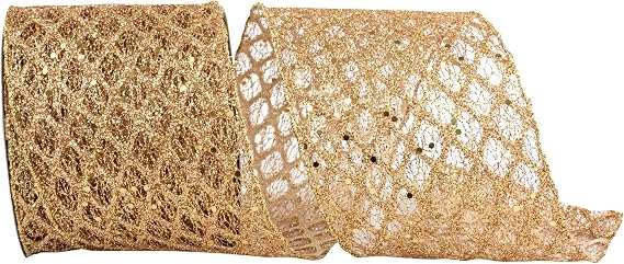 Ribbon - Glitter Mesh Diamond Web Wired Edge, Gold, 4 Inch, 10 Yards